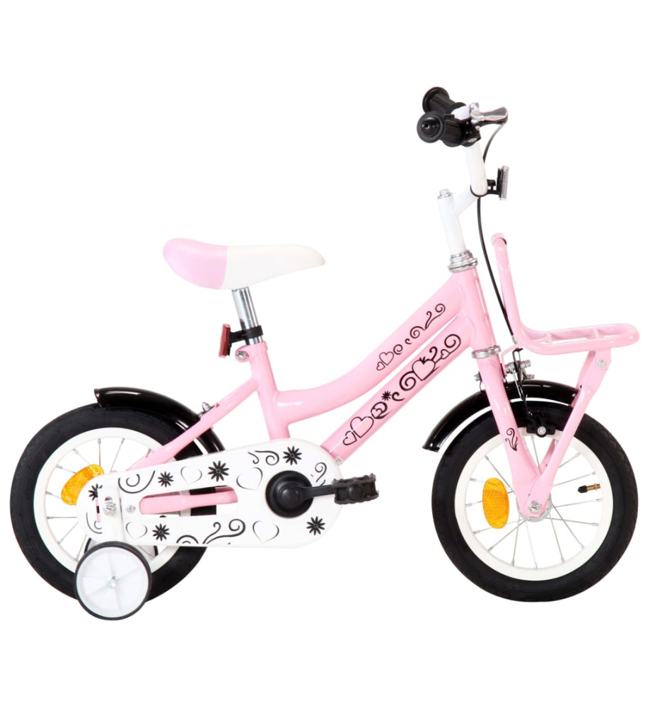 Vélo enfant avec porte-bagages avant 12 pouces Blanc et rose