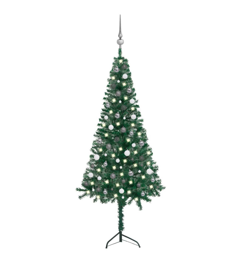 Arbre de Noël artificiel d'angle LED et boules vert 210 cm PVC