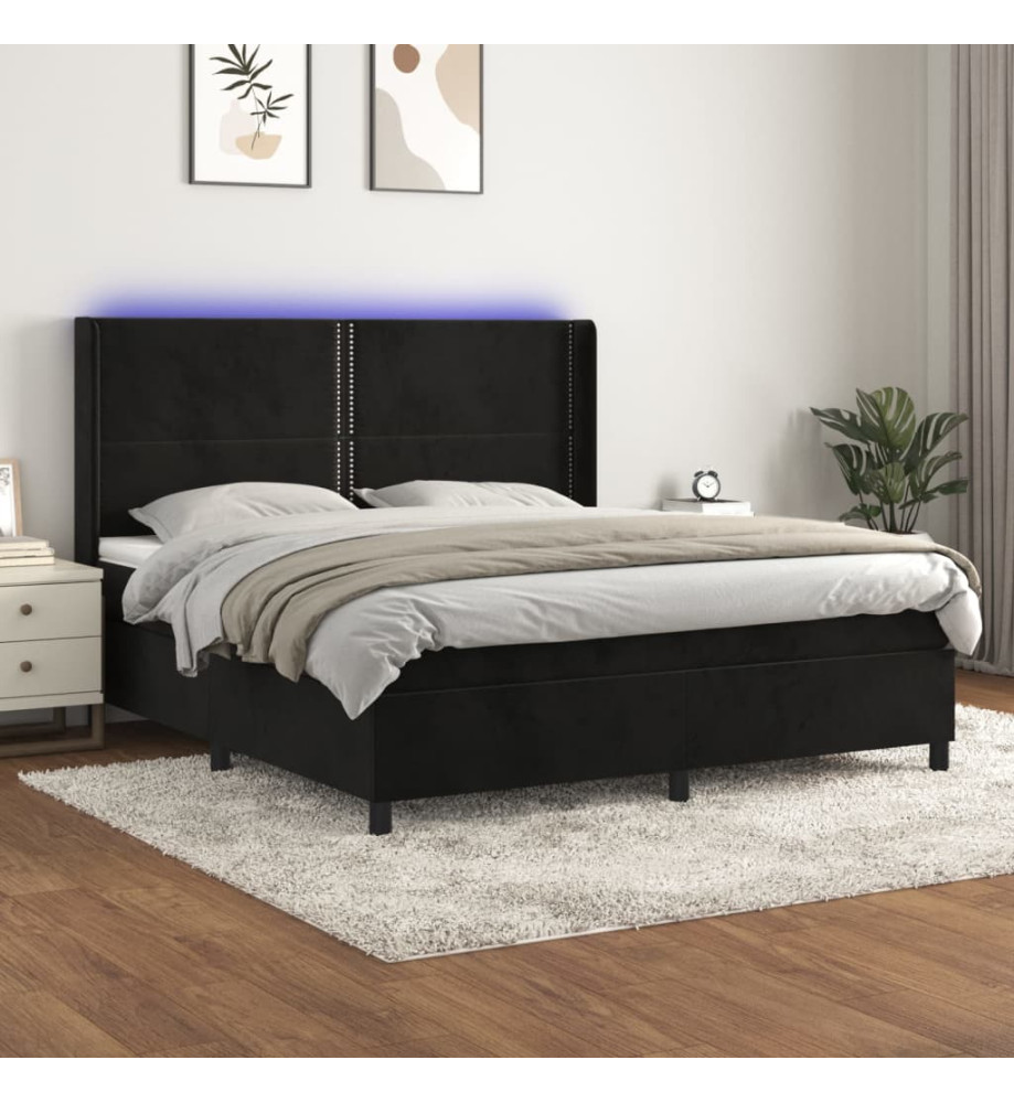 Sommier tapissier avec matelas et LED Noir 180x200 cm Velours Sommier tapissier avec matelas et LED Noir 180x200 cm Velours