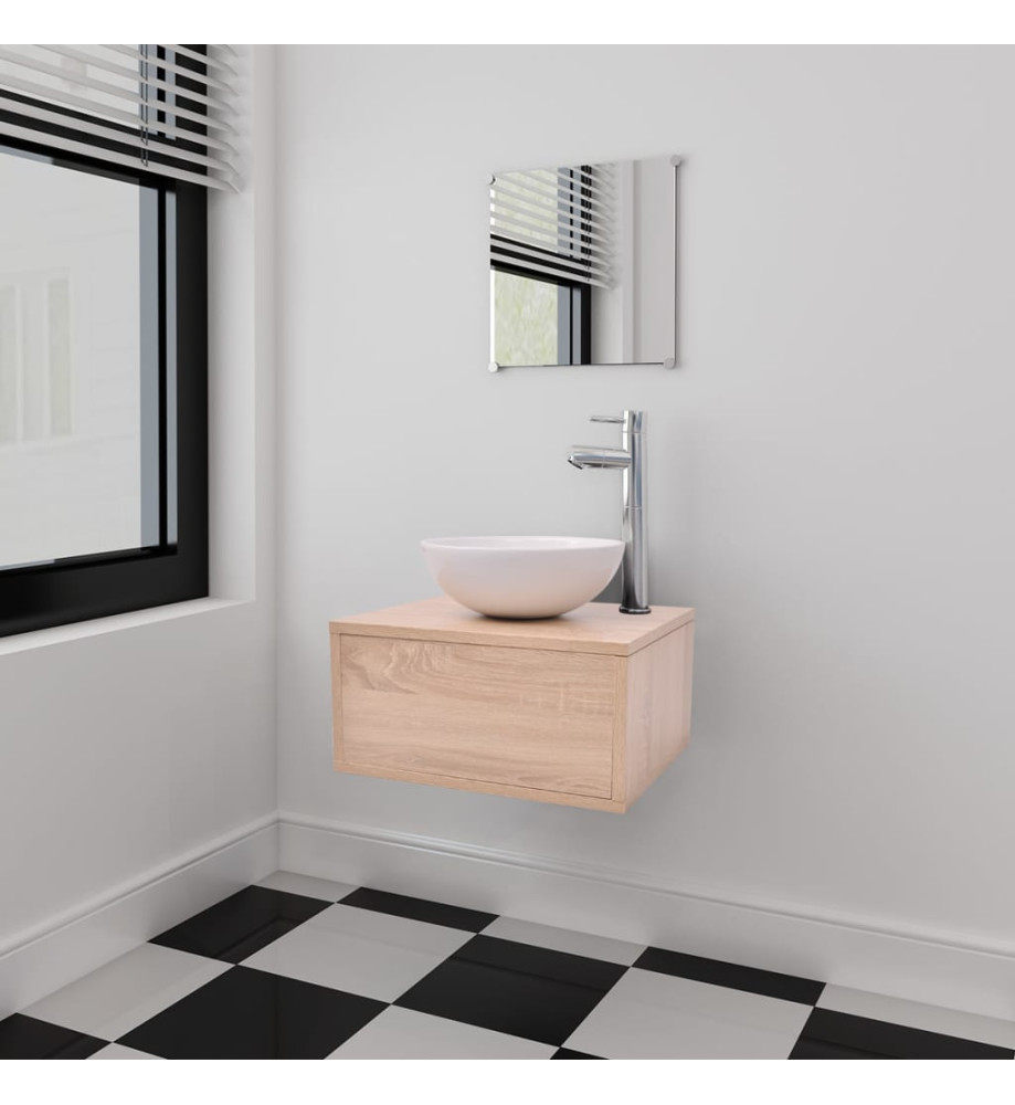 Meuble de salle de bain 4 pcs avec lavabo et robinet Beige