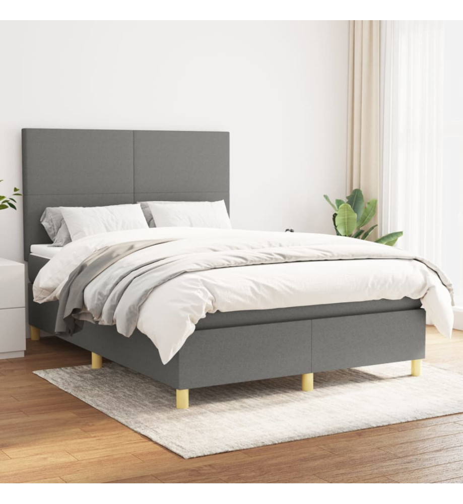 Lit à sommier tapissier avec matelas Gris foncé 140x200cm Tissu Lit à sommier tapissier avec matelas Gris foncé 140x200cm Tissu