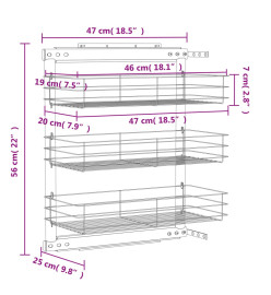Panier à 3 niveaux métallique de cuisine 47x25x56 cm