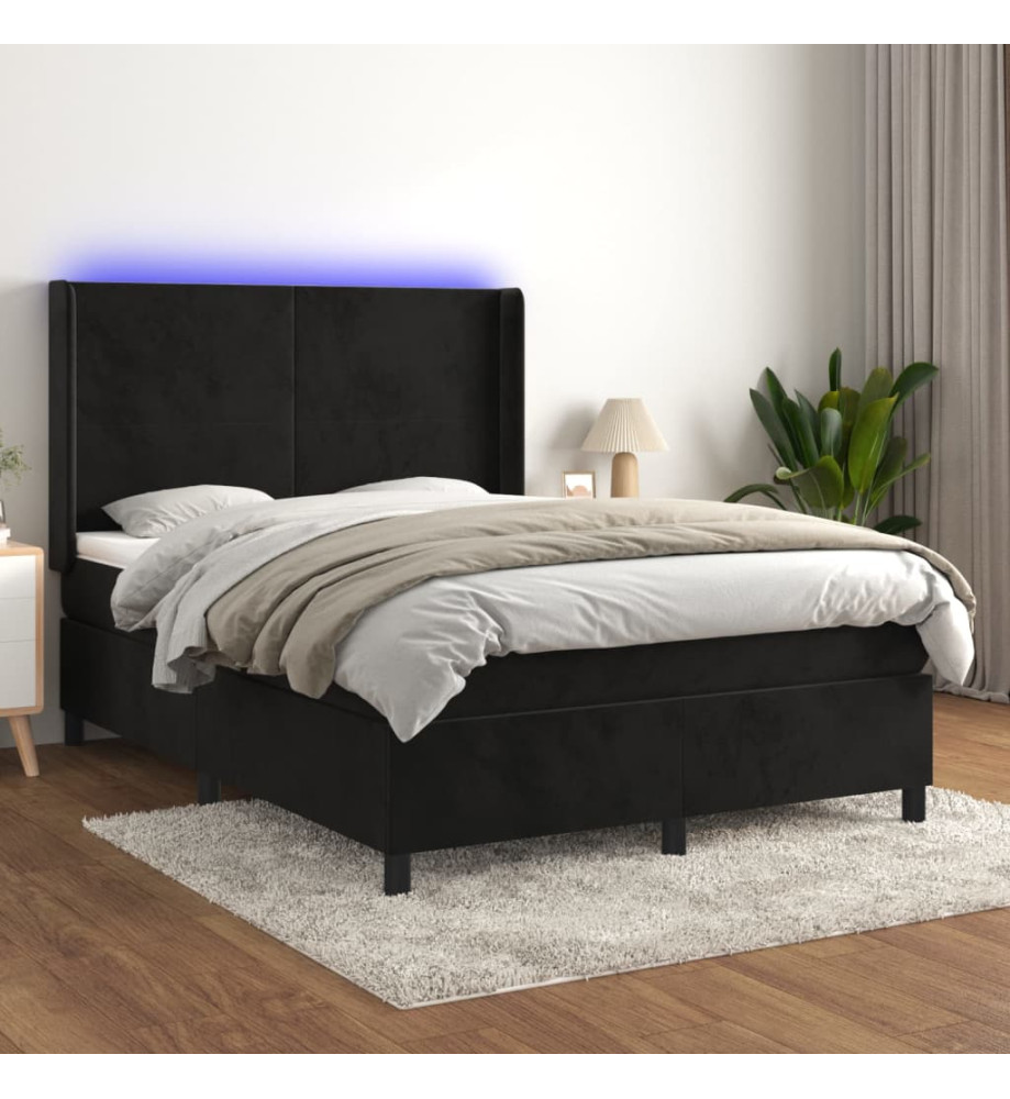 Sommier tapissier avec matelas et LED Noir 140x200 cm Velours Sommier tapissier avec matelas et LED Noir 140x200 cm Velours
